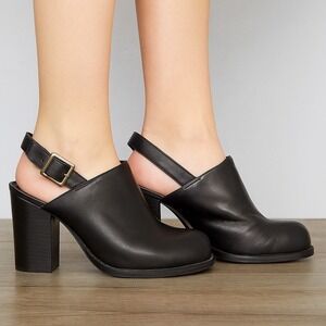 Vintage 90's Y2K Black Leather Chunky Mule Stacked Heel Buckle Boho 8.5 Shoes
